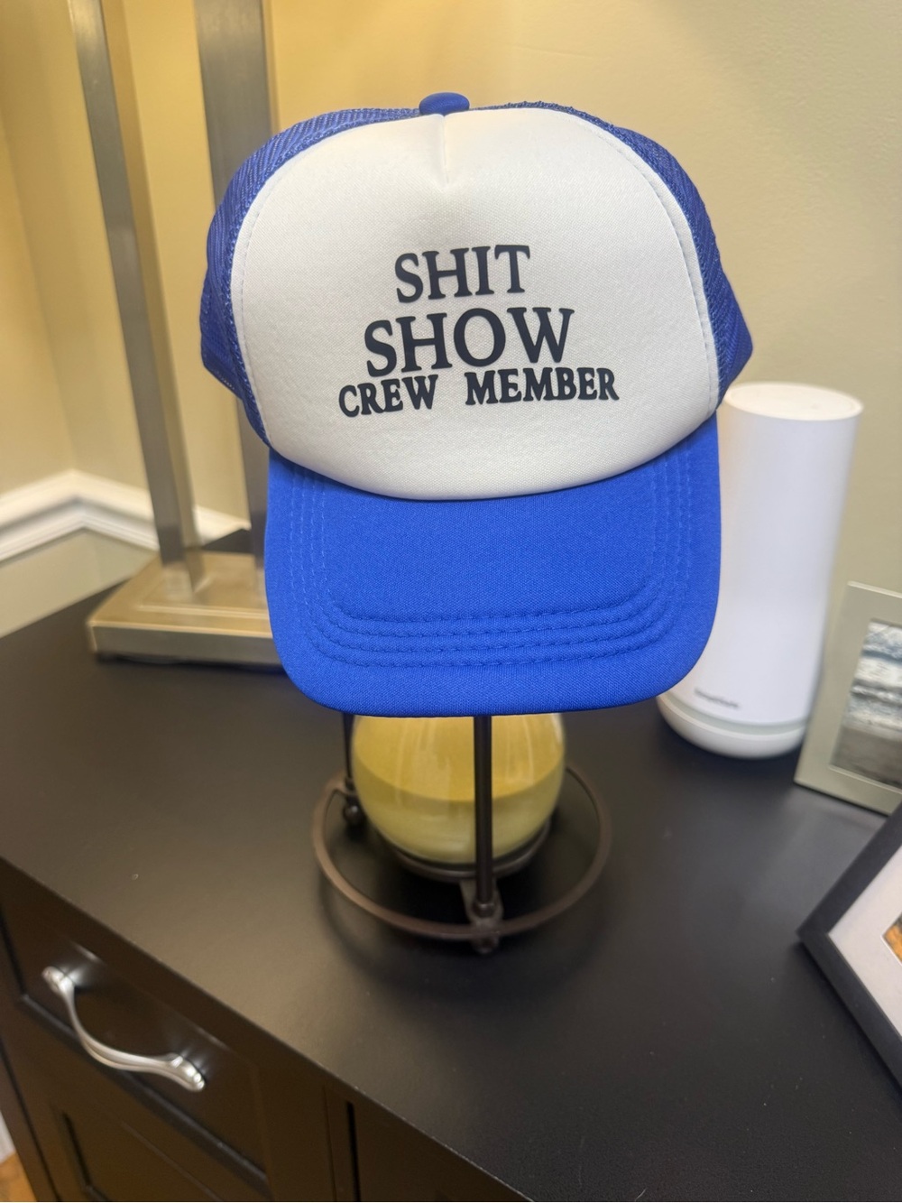 Source Unknown Blue and White Graphic Trucker Cap